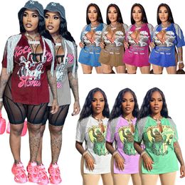 Summer Graphic Print Tassel Tops T-shirts For Women Deep V-neck Short Sleeve Hip Hop Street Hem Split Casual Tee Tshirt 8994