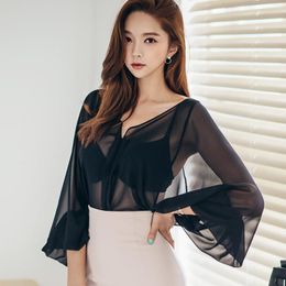 Women's Blouses & Shirts 2022 Brand Women Shirt V-neck Batwing Sleeve Sexy Oversized Black Blouse Transparent Summer Top Blusa Mujer Chemise