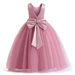 V-back Girls Dresses for Wedding and Party Pearls Bridesmaid Children Dresses Bowknot Teenage Princess Evening Pageant Prom Gown G220428