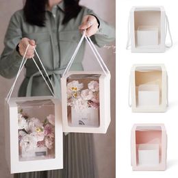 paper flowers Canada - Gift Wrap Transparent Square Gifts Box With Window Fresh Flower Packing Boxes Pink Paper Bag For Father'S Day Wedding Birthday Party