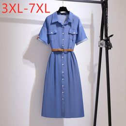 Plus Size Dresses Ladies Summer Shirt Dress For Women Large Short Sleeve Blue Pocket Button Belt Long 3XL 4XL 5XL 6XL 7XLPlus