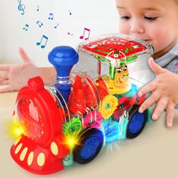 Electric Transparent Gear Train Car Model Universal Walking Train Colorful Lights Musical Toys fo-r Children 2022 Gift For Kids