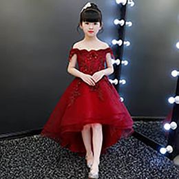 Flower Girls Dresses Stereo Flower Applique Dew Shoulder Princess Dress For Kids Lace Tulle Long Dress Ball Gown Children Pageant Dress