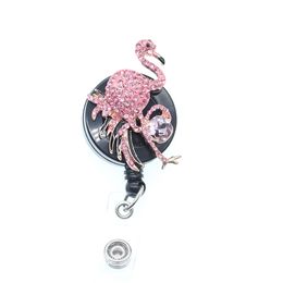 10PCS/ Costume Jewelry Key Rings Rose Pink Crystal Rhinestone Animal Bird Flamingo Shape Retractable ID Name Badge Reel Holder Nurse Medical Gift