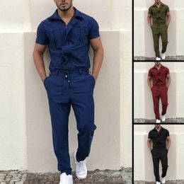 Men's Tracksuits Summer Short Sleeve Shirt Long Pants Men's Solid Color Suit Fashion Casual Zipper Access Cargo Overall Worker SetMen's