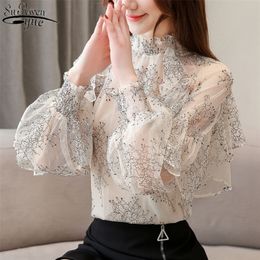 Fashion Womens Tops and Blouses See Through Lace Shirt Wild Ruffled Chiffon Women's Blouse Vintage Top Female 2551 220516