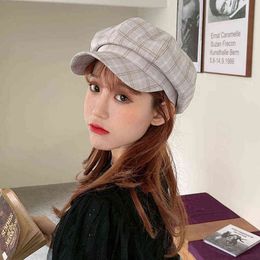 Women Plaid Beret Hat Spring Autumn Fashion British Retro Octagonal Cap Female Korean Japanese Trend Simple Hat 2021 New J220722