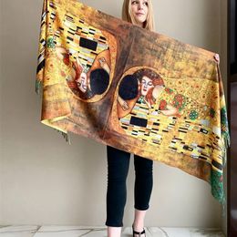 Gustav Klimt's Oil Painting Cashmere Scarf Women Spring Der Kuss Print Shawl Ladies Autumn Wrap Cape Blanket 220516