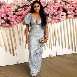 Saudi Arabia Silver Grey Evening Dresses Sheer Neck Lace Appliques One Illusion Long Sleeve Prom Gowns Dubai Robe Floor Length