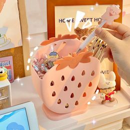 Storage Boxes & Bins Kawaii Strawberry Divided Grid Pen Holder Desktop Organiser Cute Makeup Brush Bucket Cosmetic Stationery Box Desk Shelf