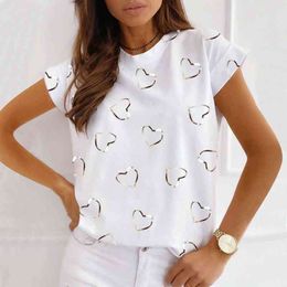 Women Summer Heart Printed Blouses Casual Short Sleeve Round Neck Shirts Y2K Girls Ladies Streetwear Tops L220706