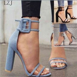 Sandali, sandali con tacco spesso da donna, scarpe sexy in denim aperte, tacchi a blocchi trasparenti, nuovo stile 220325
