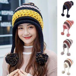 Beanie/Skull Caps Winter HT1996 Knitted Hats Women Patchwork Pompon Warm Hat Female Beanies Thick Beanie Balls Earflap Ladies K2Z0 Delm22