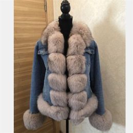 Women's New Natural Fur Denim Jacket Parker Clothing Rabbit Fur Lining Real Fur Denim Jacket Warm Fashion Casual E 201016