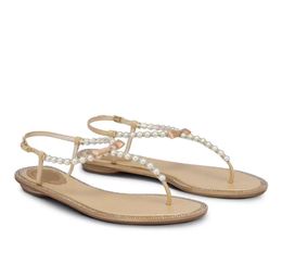 Summer Luxury Sandals Shoes Women Eliza Nappa Leather Flip Flops Pearl Strap Bridal Wedding Sandalias Comfort Walking EU35-43