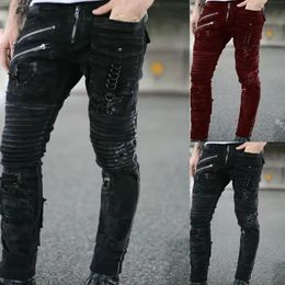 Men's Jeans Streetwear Mens Straight Men Side Straps And Zips Biker Casual Slim Fit Black Goth Trousers Punk Skinny Denim PantsMen's