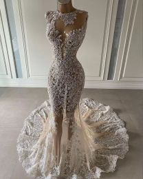 Matrimonio 2022 Champagne Abiti a sirena Abito da sposa Sexy Illusion Corpetto Applique in pizzo Custom Made Sweep Train Senza maniche Plus Size Abiti da sposa Mariee