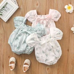 Lovely Summer Toddler Baby Girls Clothes Floral Print Bowknot Puff Short Sleeve Rompers Jumpsuits Newborn Infant Cotton Clothing G220521
