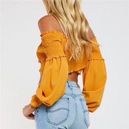 Female Girl Cross Long Sleeve Top Sexy Women Off Shoulder Crop Summer Boho Chiffon Shirts S M L Women's T-Shirt