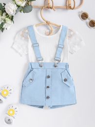 Toddler Girls Contrast Mesh Puff Sleeve Tee & Fake Button Pinafore Shorts SHE