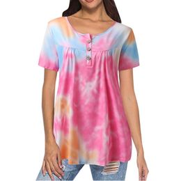 Women's Blouses & Shirts Women Plus Size Floral Printed Gradient Tie Dye V Neck Short Sleeve T Button Pullover Tank Tops ShirtWomen's