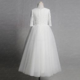 Girl's Dresses White A-Line Flower Girl Dress Wedding Party Lace Top Tulle Half Sleeve Girls First Communion DressGirl's