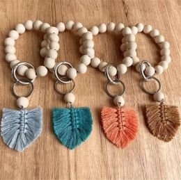 Party Wooden Bead Bracelet Keychain Pure Wood Color Car Chain Cotton Tassel Keyring with Alloy Ring Wood Beaded Decoration