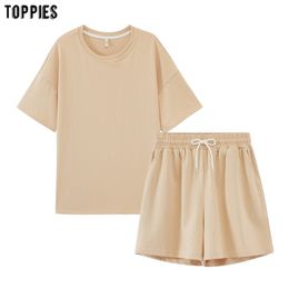 toppies summer tracksuits womens two peices set leisure outfits cotton oversized t shirts high waist shorts candy color clothing T200704