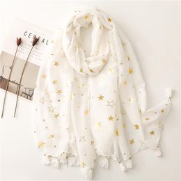 white foil NZ - Scarves VISROVER Golden Foil Star Scarf For Women White Beach Dress Top Lady Print Hijab Wrap Sun Protection Shawl