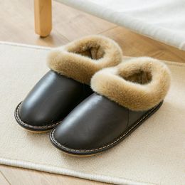 mens velvet slippers Australia - Slippers Genuine Leather Men Warm And Velvet Home Cotton-Padded Shoes Women Non-Slip