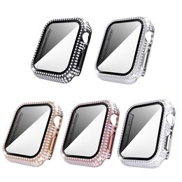 Glass Film Full Diamond PC Cases for Apple Watch Series 7 6 SE 5 4 3 2 1 Case Accessories Iwatch 45mm 41mm 40mm 44mm 38mm 42mm Screen Protector Bumper Cover