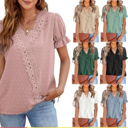Women's T-Shirt 2022 Fashion Lace V Neck Womens Tops And Blouses Casual Tees Shirts Summer Short Sleeve Loose Chiffon Blouse Femme Shirt Wom