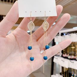 Trendy Korean Long Tassel Earrings For Women Blue White Ball Geometry Round Gold Dangle Drop Fashion Jewellery & Chandelier