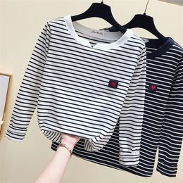 Women Striped T Shirts Long Sleeve 95% Cotton ops Casual Autumn ops opsPull Femme 220402