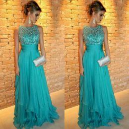 Turquoise Prom Dresses Jewel Neck Chiffon Beaded Floor Length Tiered Sleeveless Evening Formal Wear Tail Party Gowns Vestidos Custom Made Plus Size