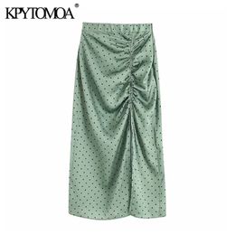 Vintage Elegant Polka Dot Pleated Midi Skirt Women Fashion Elastic Waist Side Zipper Slit Female Skirts Chic Faldas Mujer 210331