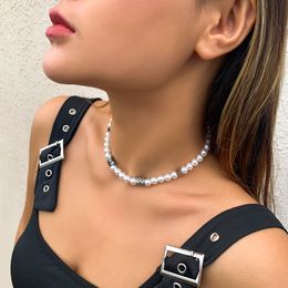 Fashion Punk Imitation Pearls Chain Choker For Women Stainless Steel Butterfly Bead Necklace Summer Charm Party Jewellery