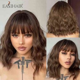 EASIHAIR Long Bobo Brown Wigs with Bang Medium Length Curly Wavy Synthetic for Women Daily Party Heat Resistant Fibre Hairs 220525