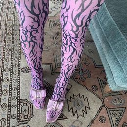 Missnight Purple Mesh Pants Flame Print Womens Gothic Slim Long Tights High Waisted Summer Streetwear 220725