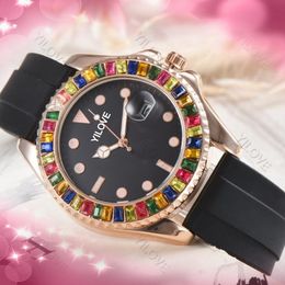 Men Women Fashion Simple Watch 41mm Diamonds Bezel Sapphire Glass Clock Rainbow Square Gems Butadiene Silicone Rubber Comfortable Wristband Couple Wristwatch