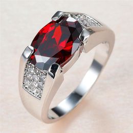 Wedding Rings Trendy Female Red Crystal Stone Ring Classic Silver Colour Thin For Women Luxury Oval Zircon Engagement Edwi22