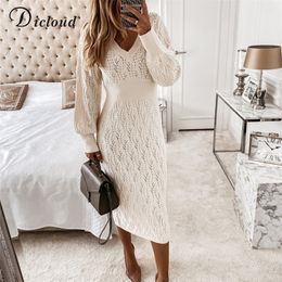 DICLOUD Beige Sweater Dress Woman Autumn Elastic Long Sleeve V Neck Elegant Hollow Midi Party Dresses Knitted Fashion 220402