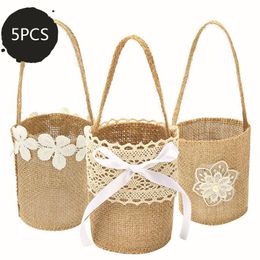 Gift Wrap 5Pcs Burlap Cotton Bag Wedding Packaging Baby Shower Party Candy Lace Tote BagGift