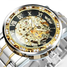 WINNER Transparent Skeleton Watch for Men Mechanical Wristwatches Diamond Watches Mens Luxury Stainless Steel Strap Unisex Clock 220517