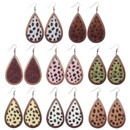 S2910 Fashion Jewellery Wood Panel-inlaid Leopard Print Leather Earrings Drop Water Vintage Horsehair Leather Dangle Earrings