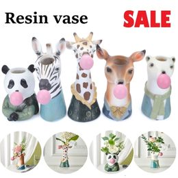 Resin Vase decor Flower Pot decor Modern Animal Head Succulent Hand Painting Bear Blowing Bubble Bust Figure home decor creative 210409