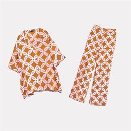 2020 New Summer Women 2 Pieces Set Orange Print Short Sleeve Shirt Blouse Long Pant Suit Female Casual Clothes LJ201125