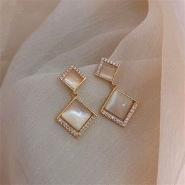 Dangle & Chandelier Silver Needle Opal Earrings South Korean Temperament Geometric Square Set Diamond INS Simple For WomenDangle