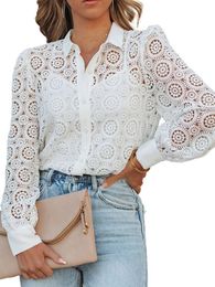 Women's Blouses & Shirts White Blouse Autumn Office Ladies Elegant Turn-down Collar Tops Women Shirt Summer Lace Hollow Out Button Long Slee