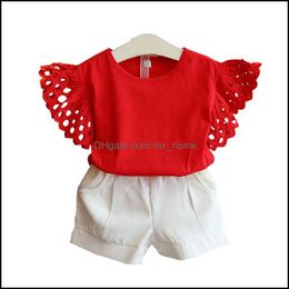 Clothing Sets Kids Children Flying Sleeves Outfits Girls Hollow Sleeve Topandshorts 2Pcs/Set Boutique Summer Baby Mxhome Dhx5Y